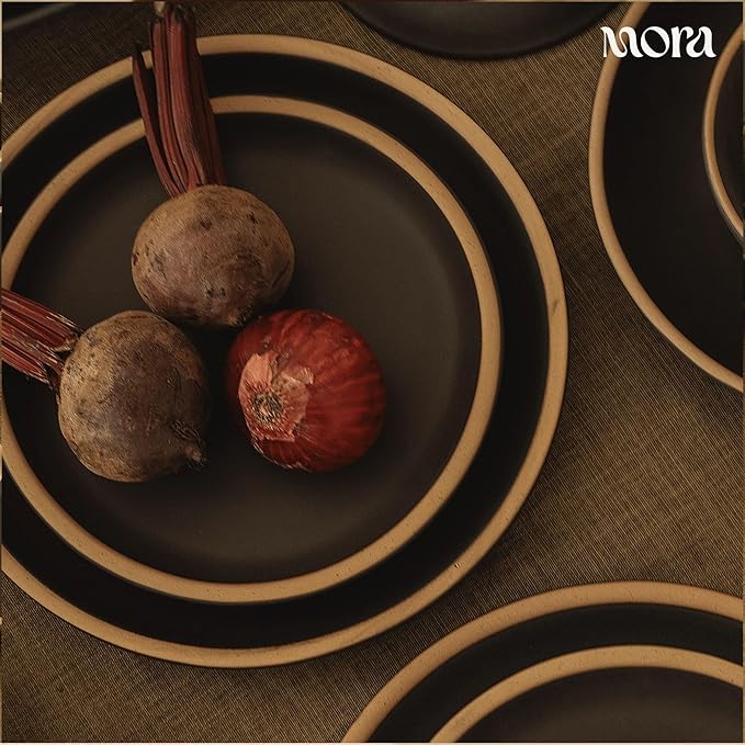 MORA Small Plates Set of 4, 6.5 inch Ceramic Pottery Dessert Plates - Microwave, Oven and Dishwasher Safe - Liquorice
