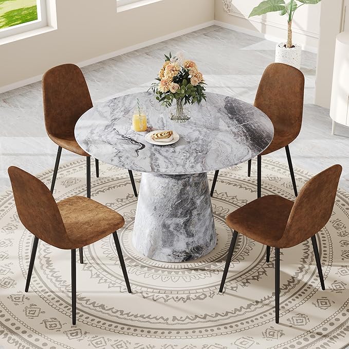 Round Dining Table Set for 4, 45" Modern Faux Marble Kitchen Table and Upholstered Chairs, 5 Piece Small Circle Dinette Set for Dining Room, Kitchen (Marble Gray Set)