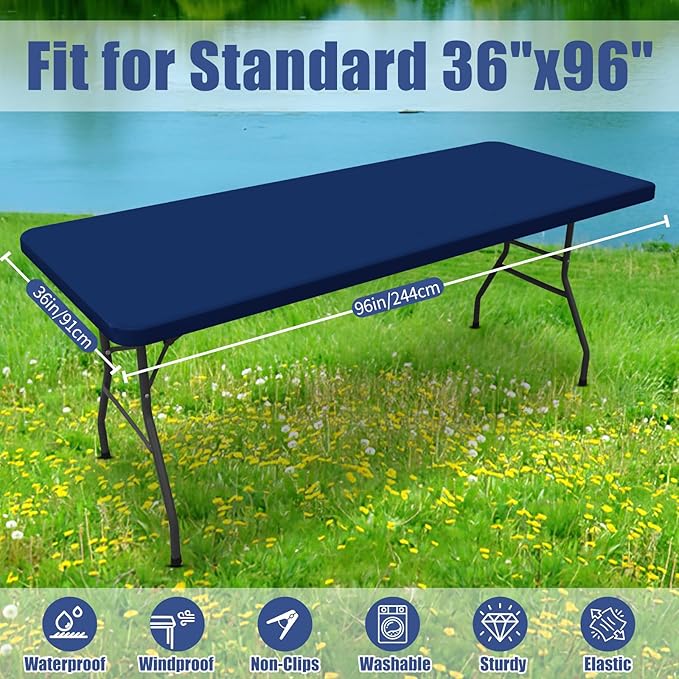 Spandex 8 Foot Rectangle Table Cloth 2 Pack, Elastic Fitted Tablecloths for Picnic, Stretch Washable Patio Table Cover for Outdoor, Camping, Banquet and Parties (Navy, 36"x96")