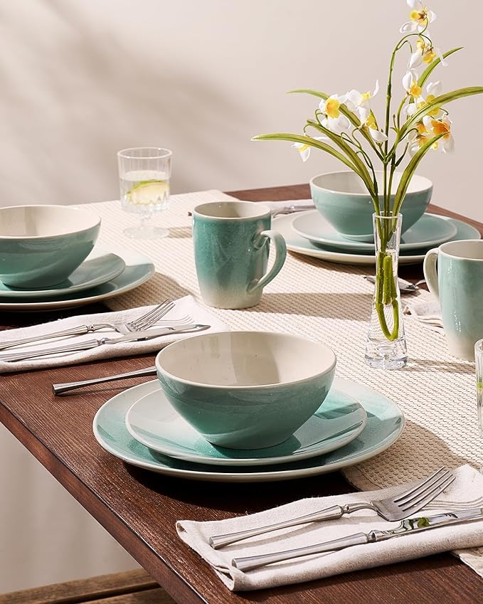 Famiware Glacier Stoneware Dinnerware Sets, Plates and Bowls Sets, 12 Pieces Kitchen Dishes Set for 4 - Dishwasher and Microwave Safe, Chip and Scratch Resistant, Aqua