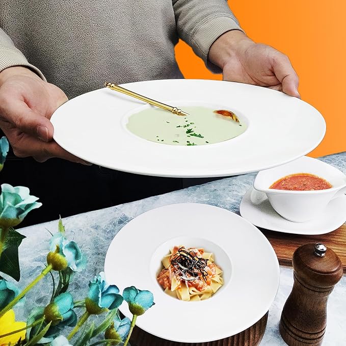 Ceramics Rimmed Soup Bowls 8.5 oz, White 10.4 inch Exquisite small soup plate Set of 4, Pasta plates With Rim is the best choice for hotels, kitchens, fine restaurants and gourmets