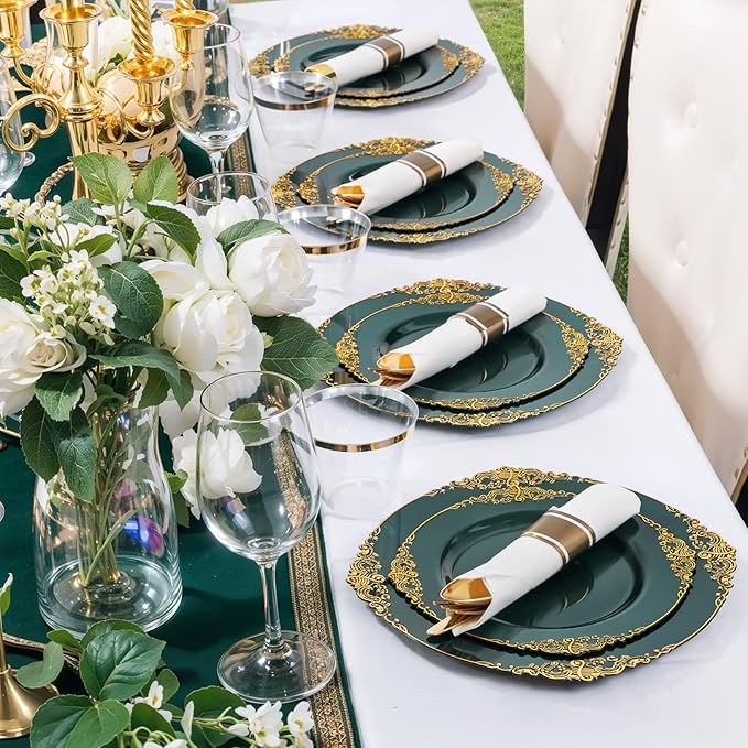 Nervure 100PCS Green and Gold Plastic Plates - 10.25inch Green Disposable Plates - Heavyweight Dinner Plate for Wedding & Party