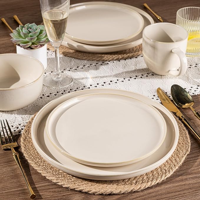GBHOME Ceramic Dinnerware Sets for 6, 18 Pieces Stoneware Plates and Bowls Sets, Scratch Resistant Dishes, Dishwasher & Microwave Safe, Reactive Glaze-Vanilla color