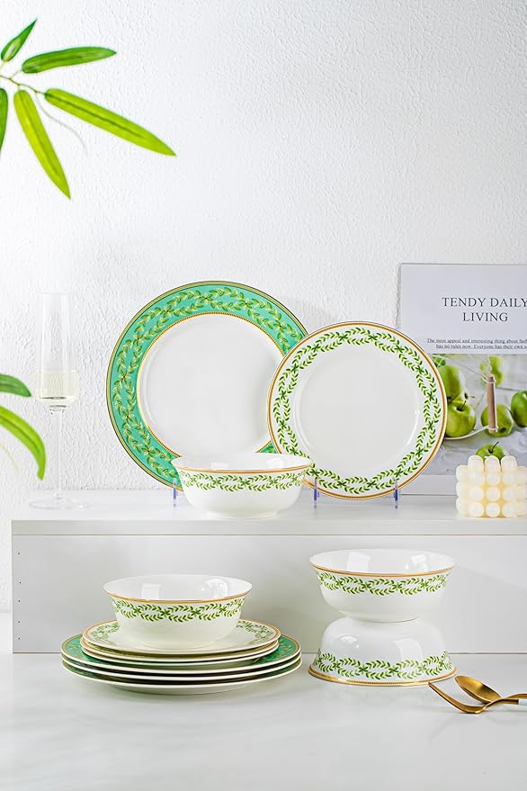 High Bone China Dinnerware Set, 12-Piece Artistic Green Plates and Bowls, Lightweight & Chip Resistant Ceramic Service for 4, Dishwasher Safe Elegant Kitchen Dining