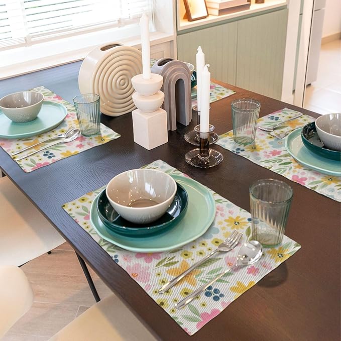 Yellow Pink Blue Floral Spring Placemats Set of 4, 12x18 Inch Watercolor Flower Decorative Table Mats Summer Seasonal Holiday Table Placemats for Party Home Kitchen Dining Table Decoration