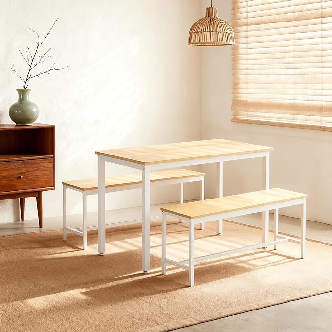 Dining Table Set for 4, Wooden Kitchen Table and 2 Benches Set with Metal Frame, Rectangular Dining Room Table Set for Small Space, Living Room, Apartment, Breakfast Nook, 43.3" L x 23.6" W x 29.9" H