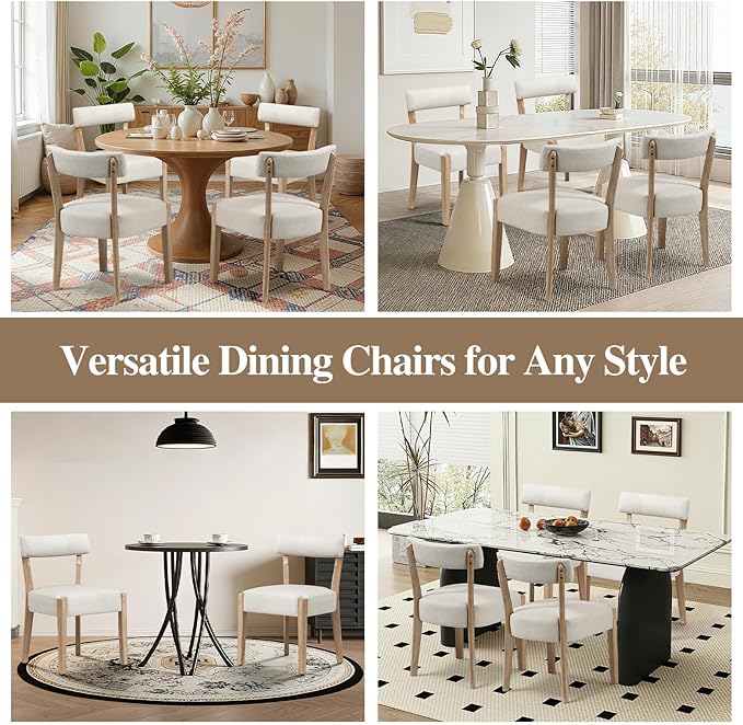 Modern Dining Chairs Set of 6 – Mid-Century Modern Faux Leather Upholstered Kitchen & Dining Room Chairs with Curved Back, Oversized Rounded Seat, Sturdy Wood Frame, Beige
