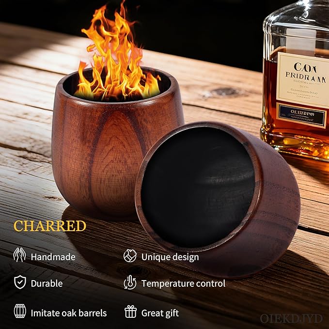 Original Wooden Bourbon Whiskey Glasses Set of 1, Handcrafted Charred Oak Wooden Bourbon Tumblers for Scotch, Unique Gifts for Men(1Pack)