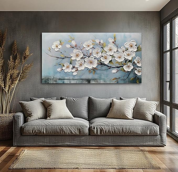 Anolyfi White Textured Flowers Wall Art for Living Room Canvas Wall Decor, Modern Elegant Landscape Wall Art for Dining Room Hallway Office Home 48"x24"