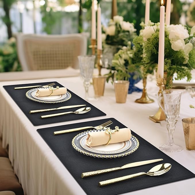 SLKQG Black Linen-Look Placemats Set of 6, Heat Resistant & Machine Washable Double-Layered Cloth Placemats for Dining Table, Indoor/Outdoor Use, Non-Slip Kitchen Table Mats (6, Black)