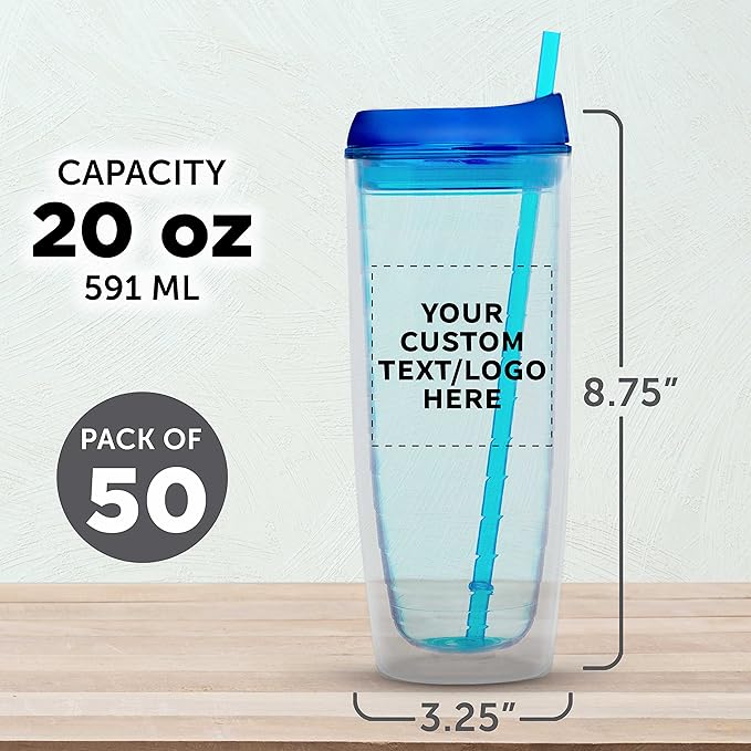 Custom Tall Orbit Acrylic Tumblers 20 oz. Set of 50, Personalized Bulk Pack - Perfect for Iced Coffee, Soda, Other Hot & Cold Beverages - Blue