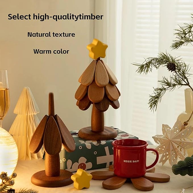 Trivets Tree Set of 3 Suitable for Hot Dishes Pans Teapots Bowls and Cup Coasters Home Kitchen and Dining Table Decor Christmas Tree Trivets Festive Celebration Gifts Wooden Products