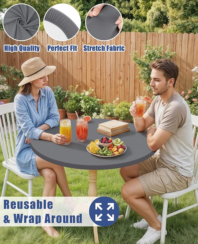 Round Spandex Tablecloth, Elastic Fitted Waterproof Tablecloths for 42"-50" Tables, Stretch Washable Picnic Table Cover for Camping, Dining, Indoor and Outdoor, Grey