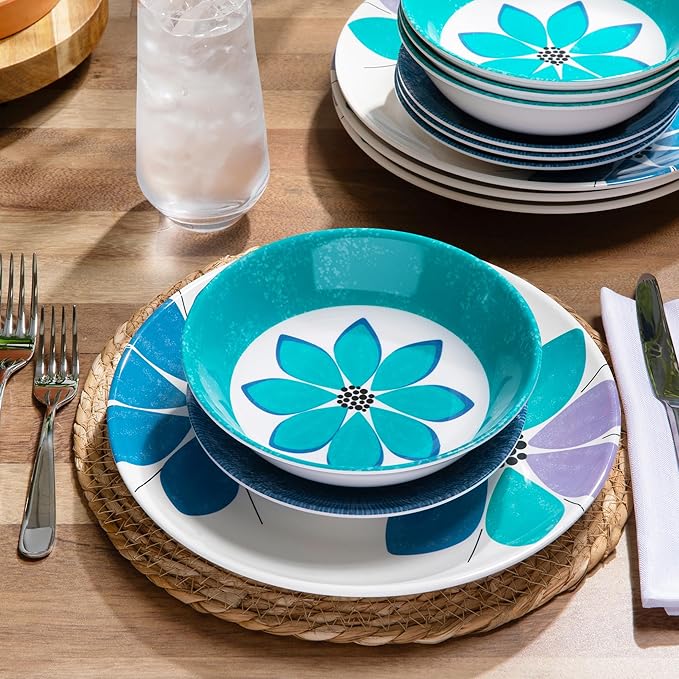 Larder & Vine 12-Piece Melamine Dinnerware Set: Durable, Lightweight, Break-Resistant Plates & Bowls – Stylish, Non-Toxic, Dishwasher Safe – Ideal for Everyday Use, Indoor & Outdoor Dining – Floral
