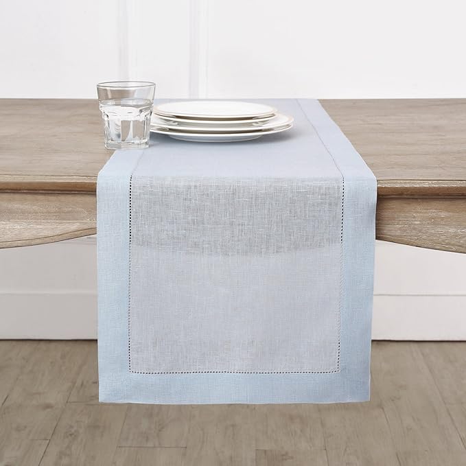 Solino Home Linen Light Blue Table Runner 144 Inches Long - 100% Pure Linen Extra Long Table Runner 14 x 144 Inch for Winter, Spring, Easter - Classic Hemstitch