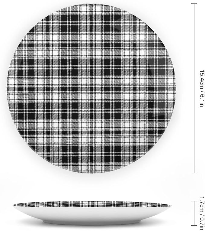 Ceramic Plates, Abstract Decor Decorative Ceramic Plates, British Tartan Stripes Pattern, 7 Inch, Household Plates Decorative, Black White
