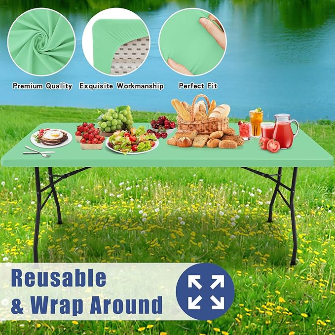 Spandex 6 Foot Rectangle Table Cloth 2 Pack, Elastic Fitted Tablecloths for Picnic, Stretch Washable Patio Table Cover for Outdoor, Camping, Banquet and Parties (Bright Green, 30"x72")