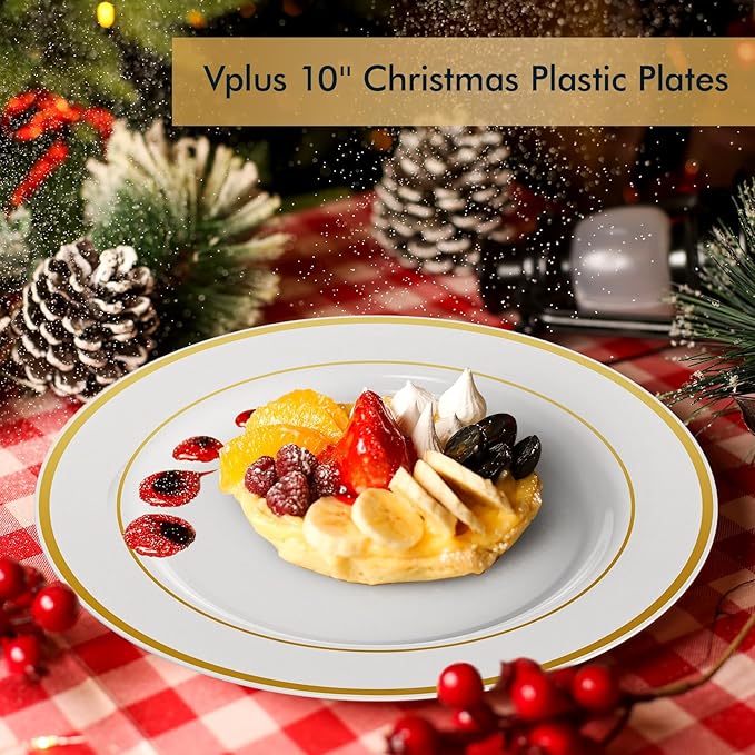 Vplus 100 Piece 10 Inch Gold Plastic Plates Disposable, Heavy Duty White Elegant Durable Dinner Plastic Party Plates with Gold Rim Perfect for Party Christmas