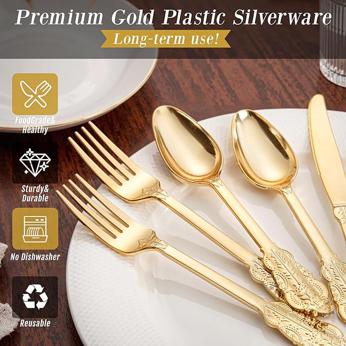 WDF 300 Pieces Gold Plastic Silverware Disposable - Heavy Duty Plastic Cutlery - Gold Silverware Sets Includes 100 Forks, 100 Spoons, 100 Knives for Valentine's Day