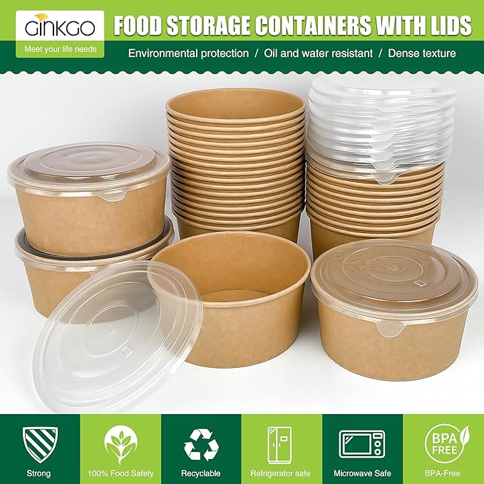 Ginkgo 30 oz Disposable Meal Prep Containers with Lids, Large Paper Bowls Bulk for Hot Soup, Food, Salad, Ice Cream, Dessert, Cereals, 60 Count