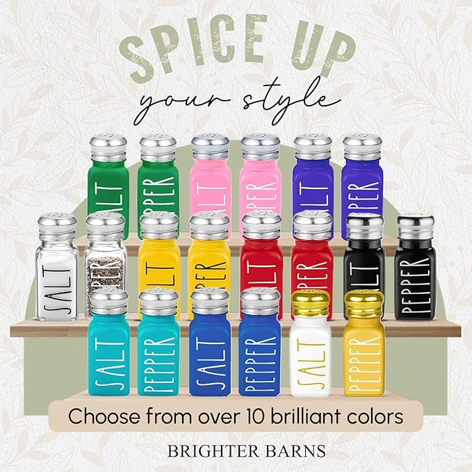 Salt and Pepper Shakers Set with Holder by Brighter Barns - Cute Modern Farmhouse Kitchen Decor, Table Decor - Vintage Glass Black White Shaker Set with Caddy and Stainless Steel Lids (Black/White)