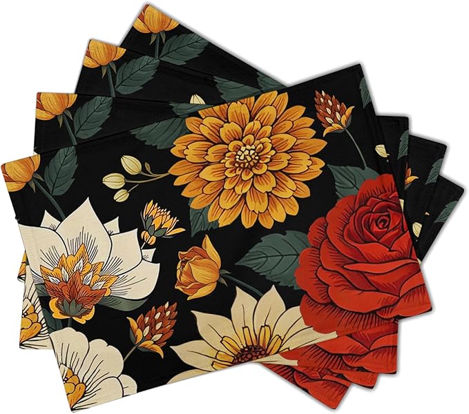 Boho Placemats Set of 4 - Floral Place Mats 12x18 Vintage Flower Table Mats Bohemian Kitchen Mats for Party Dining Table