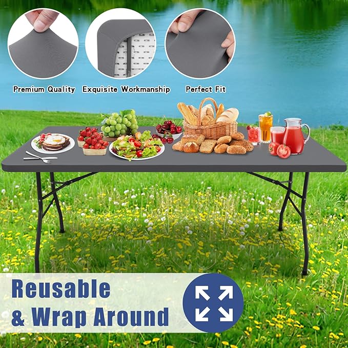 Spandex 6 Foot Rectangle Table Cloth 2 Pack, Elastic Fitted Tablecloths for Picnic, Stretch Washable Patio Table Cover for Outdoor, Camping, Banquet and Parties (Grey, 30"x72")