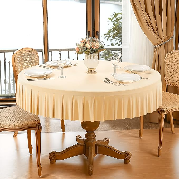 8 Pack Champagne Spandex Round Tablecloths for 60 inch Tables, Stretchy Fitted 5FT Round Table Cloths with Skirt for Wedding Party Dining Banquet