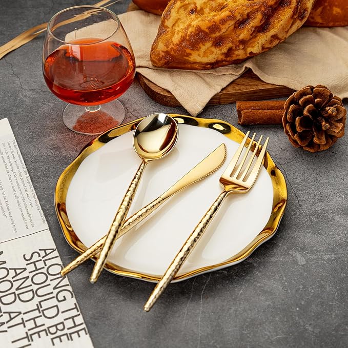 SUT 150 PCS Gold Plastic Silverware, Gold Disponsable Utensils, Plastic Silverware Heavy Duty, Includes 50 Knives, Forks and Spoons, Hammered Disponsable Cutlery for Wedding, Birthday, Party