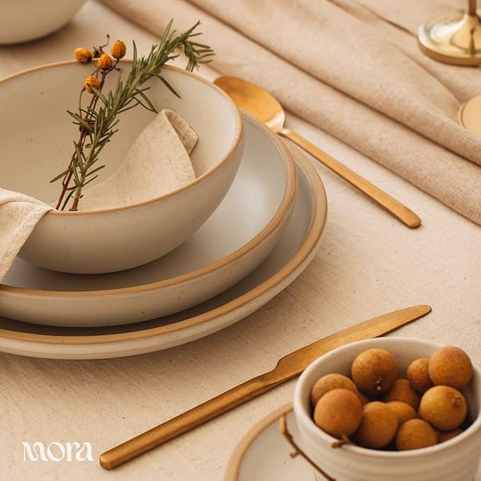 MORA Medium Bowls Set of 4, 28oz Ceramic Pottery Everyday Bowls - Microwave, Oven and Dishwasher Safe - Oat