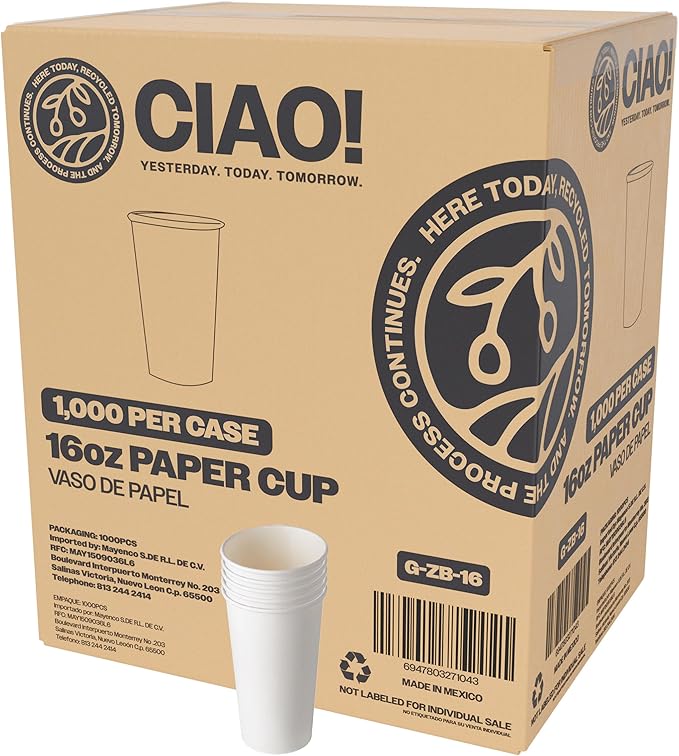 CIAO! 16oz White Paper Hot Cup, Disposable, 90mm Diameter 1,000 Count