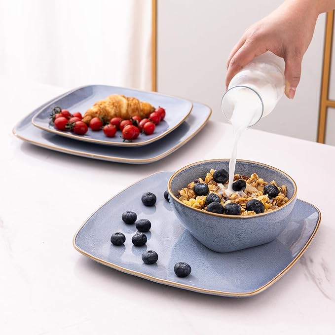 AmorArc Ceramic Dinnerware Sets for 4, 12 Pieces Square Handpainted Plates and Bowls Set, Chip and Scratch Resistant Stoneware Dishes Set, Dishwasher & Microwave Safe, Reactive Blue