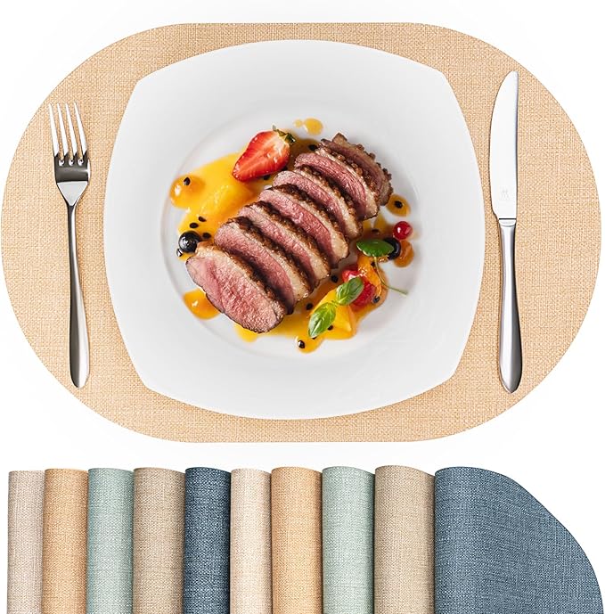 Oval Placemats for Dining Table Set of 4, Washable Leather Table Mats, Waterproof Heat-Resistant Non-Slip Kitchen Placemats, Simple Style Oval Design