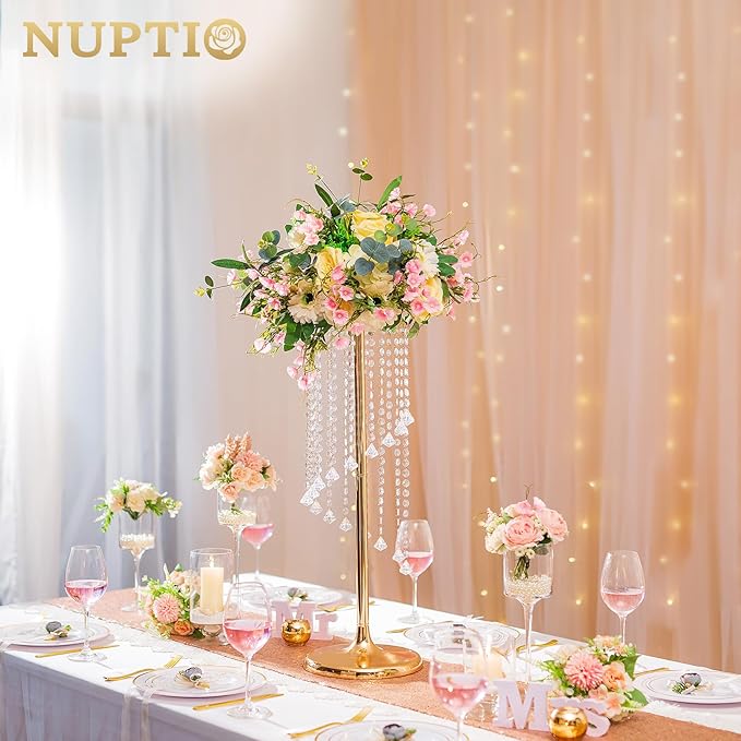 Nuptio 2 Pcs 27.6inch Tall Wedding Centerpieces Gold Vases Crystal Flower Vase Metal Flowers Stand for Party Tables Decorations - Elegant Bulk Weddings Decoration Table Chandelier Centerpiece Stands