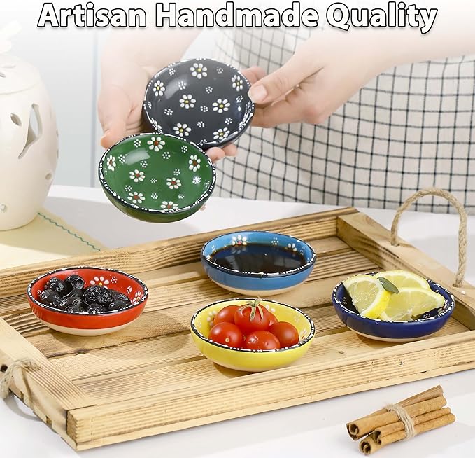 Ceramic Small Dipping Bowls Set of 6, 2.5 Oz Soy Sauce Dish, Handmade Charcuterie, Colorful Pinch, Dishwasher & Microwave Safe Sauce, Mini Bowls