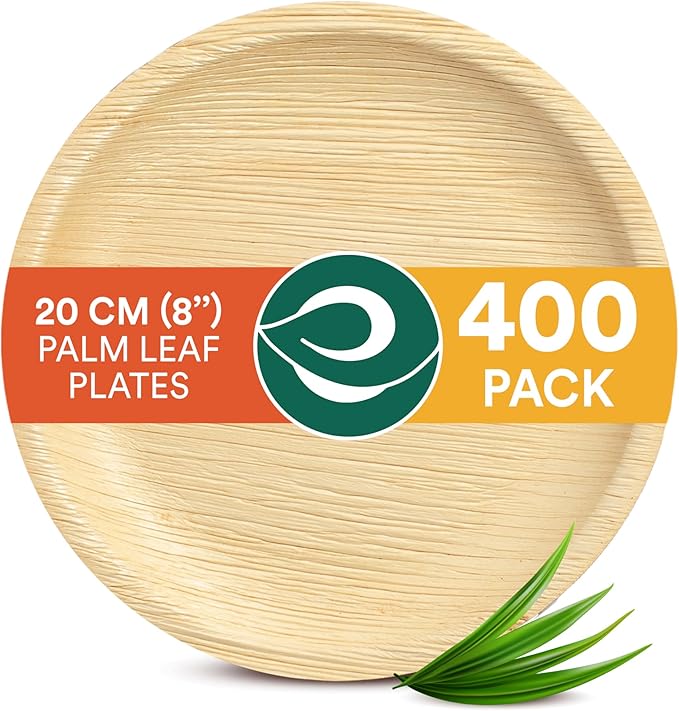 ECO SOUL Palm Leaf Plates 8"(400 Count) Round Compostable Bamboo Plates Heavy- Duty, Biodegradable Eco-Friendly Dinnerware for Party Dinner, Wedding, Holiday & Event