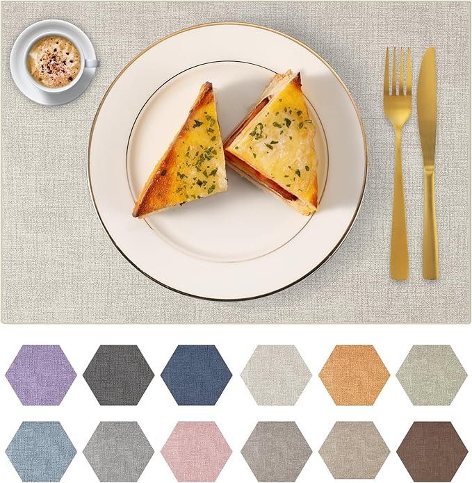Faux Leather Placemats Set of 8 Washable PU Table mats for Kitchen Table - Heat Resistant, Waterproof, Easy Clean, Anti Slip 11.8" x 17" (Beige-8 Pack)