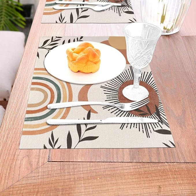 Mid Century Abstract Boho Placemats Orange Vintage Aesthetic Nature Leaf Sun Modern Washable Place Mats 12x18Inch for Dining Kitchen Farmhouse Decor 4 PCS