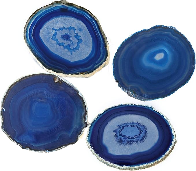AMOYSTONE Blue Agate Coasters Set of 4, 3-3.5 Inch Stone Coasters with Rubber Bumpers, Valentine's Day Gift for Her, Modern Coffee Table Decor, Birthday Present