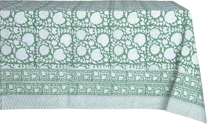 ATOSII Shalimar Green 100% Cotton Rectangle Fall Tablecloth, Handblock Floral Table Cloth Linen for Kitchen Dining I Parties Wedding Outdoors Christmas Thanksgiving I Fall Home Decor 60 X 108 Inches
