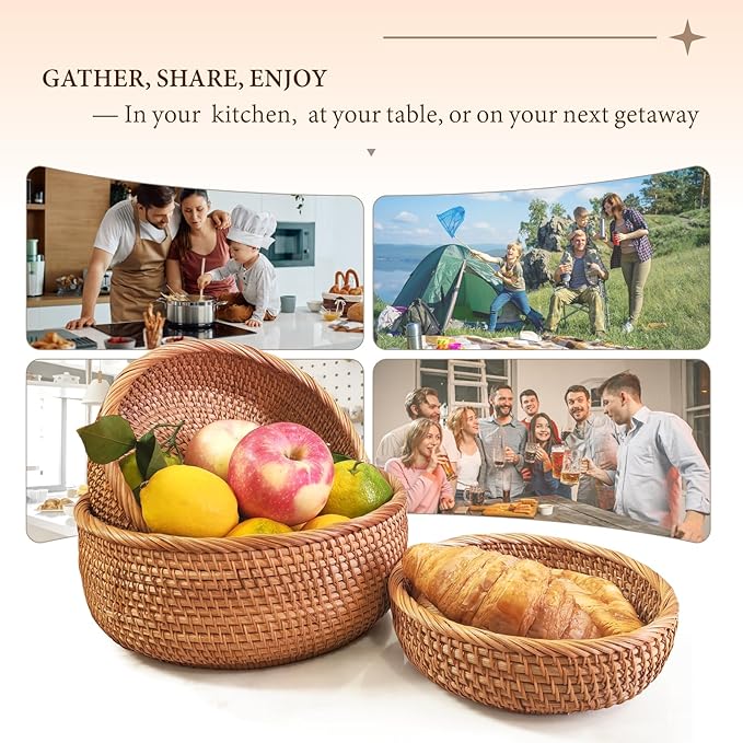 Rattan Bread Baskets for Serving, Hand Woven Food Baskets, Natural Wicker Fruit Basket for Kitchen Counter, Decorative Bread Basket for Serving, Fruits, Snacks, Candies, Nuts, Keys, Etc.(Round-Combo)