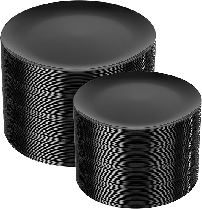 I00000 200 PCS Black Plastic Plates for 100 Guests Include: 10.25 inch 100 Pieces Dinner Plate and 7.5 inch 100 Pieces Dessert Plate, Premium Plastic Plates Perfect for Birthday, Wedding & Party