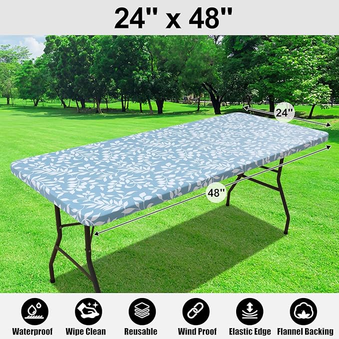 Smiry Rectangle Table Cloth Cover, Waterproof Elastic Fitted Picnic Tablecloth for 4 Foot Tables, Wipeable Flannel Backed Vinyl Tablecloths for Camping, Dining, Outdoor (Baby Blue, 24" x 48")