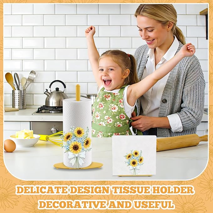 Sunflower Paper Towel Holder, Yellow Countertop Kitchen Decor Indoor with Round Base, Sunflower Lover Gift, Iron Sunflowers Napkin Holder Stand Accessories for Rustic Farmhouse Bathroom Kitchen, 2 PCS