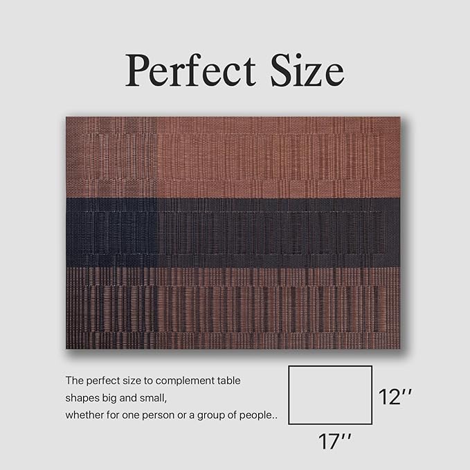 Placemats Set of 8 - Easy Clean Woven Vinyl Placemats for Dining Table, Indoor/Outdoor Place Mats, Washable PVC Table Mats （Ombre Brown Black）
