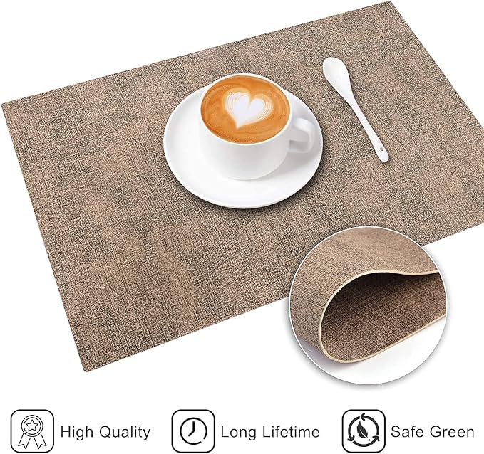 Leather Heat Resistant Placemats Set of 6 Waterproof Wipeable Washable PU Table Mats,Easy to Clean Anti-Slip Place Mats (Dark Brown, 6)