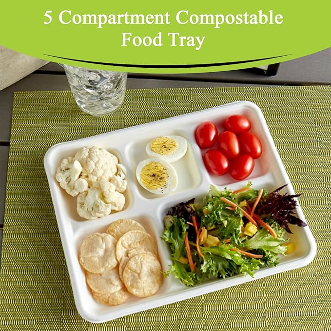 three leaf 5 COMPARTMENT BAGASSE (SCHOOL) TRAY 500 Ct. Heavy-Duty- Super Strong- Natural- Eco-Friendly Disposable Bagasse Plates, 100% Biodegradable 5 Compartment meal Plates
