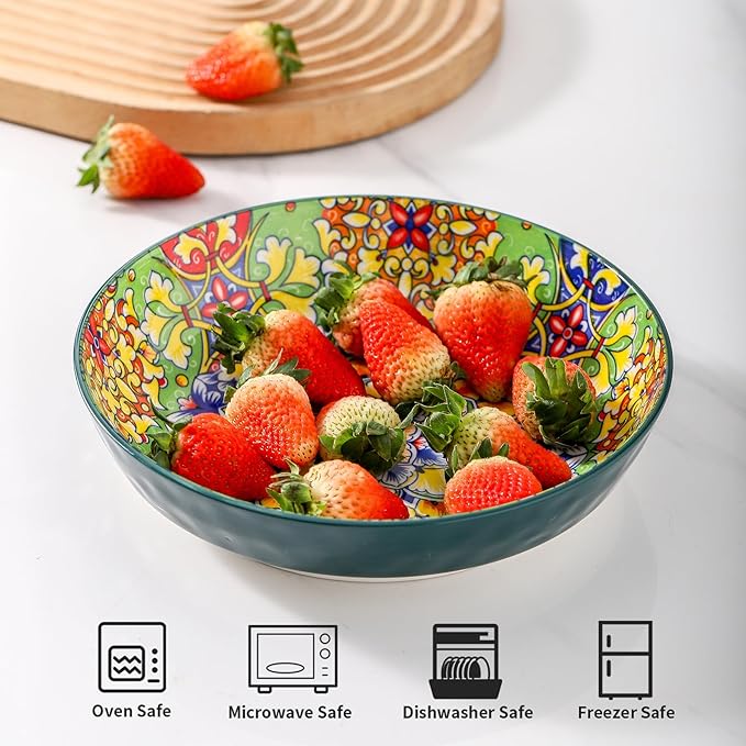 Bohemian Decorative Bowls for Salad, Fruit, 25 oz Pasta and Dinner, Serving Bowls Set for Party, Dishwasher & Microwave Safe (Orange+Red+Blue+Green, 8 Inch)