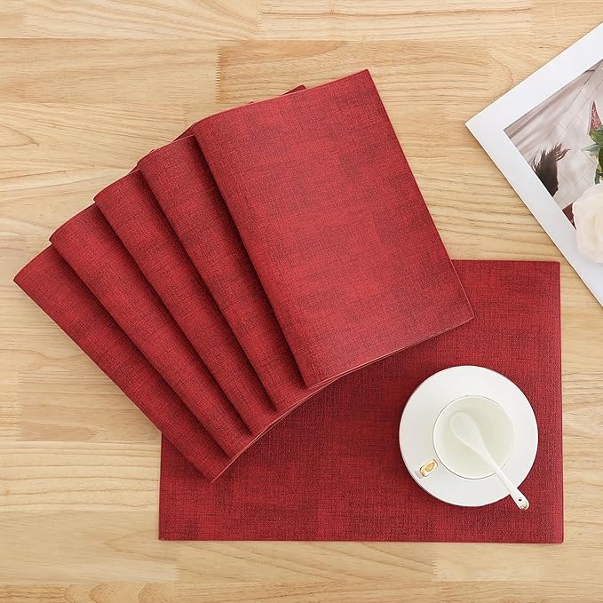 Homaxy Faux Leather Heat Resistant Placemats for Dining Table Set of 8, Waterproof Wipeable Washable PU Table Mats, Easy to Clean Anti-Slip Place Mats, 11.8" x 17", Red