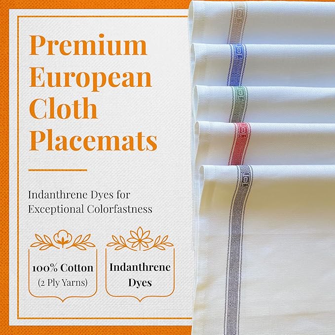 Premium Cloth Striped Placemats Set of 4 – 100% Soft Durable Jacquard Woven Cotton Table Placemats with Stain-Release Fabric – Machine Washable for Dining Table – Gentian Blue, 20"x14"